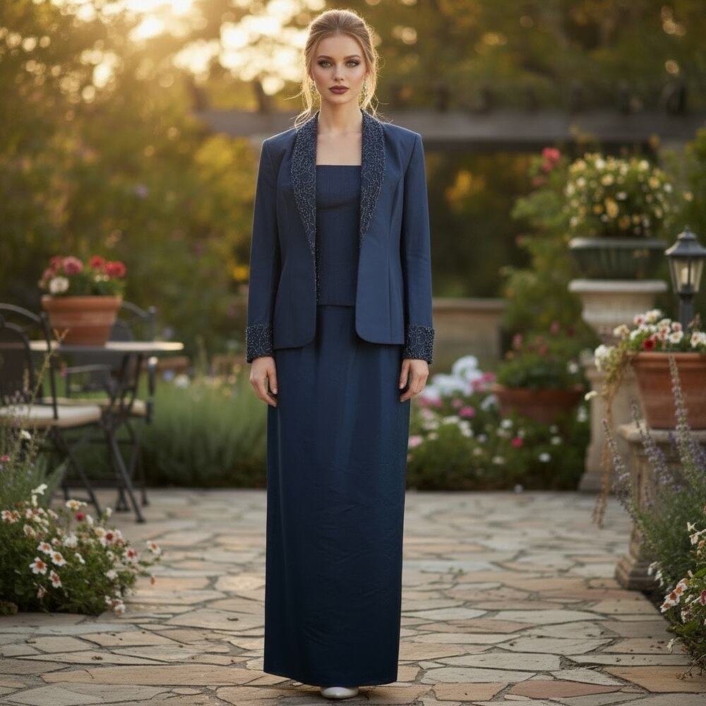 Jovani Mother of the bride Silk Skirt Suit in navy blue 3 piece set  size 8